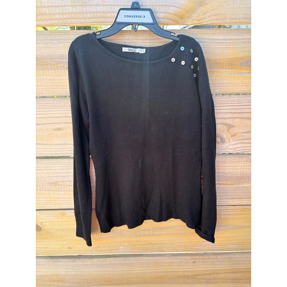 M&Co Womens Black Knit Long Sleeve Boat Neck Sweater with Shoulder Buttons S
